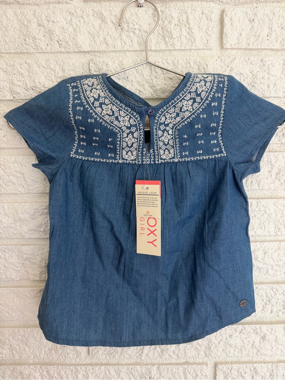 Roxy Blue Denim Summer Feels Embroidered Short Sleeve Top